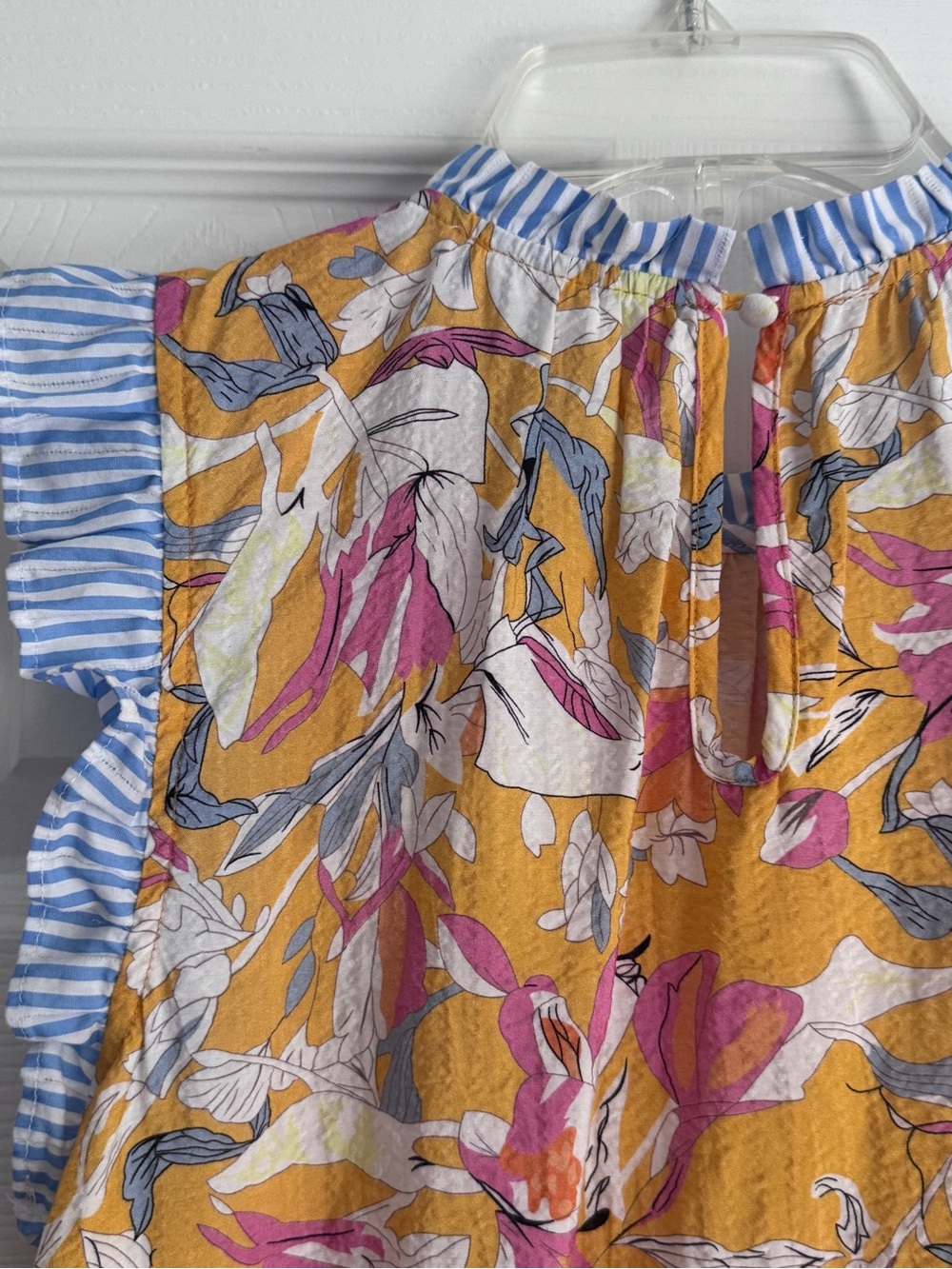THML Mixed Print Ruffle Sleeve Blouse, Floral & Stripe Sleeveless Top - Picture 10 of 13